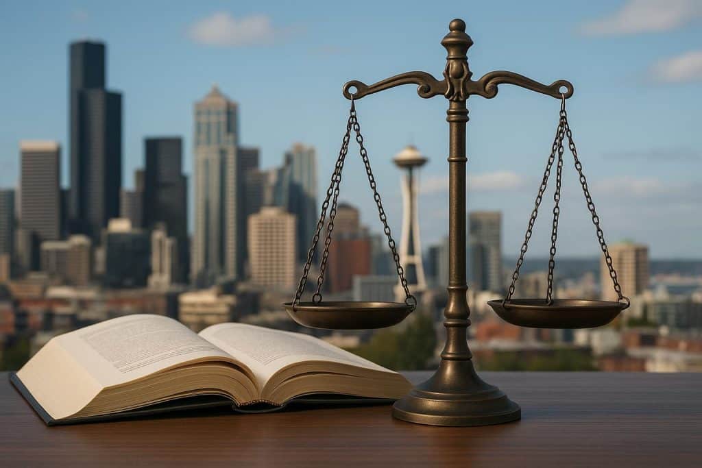 West Seattle business district with law books, symbolizing legal guidance for local companies