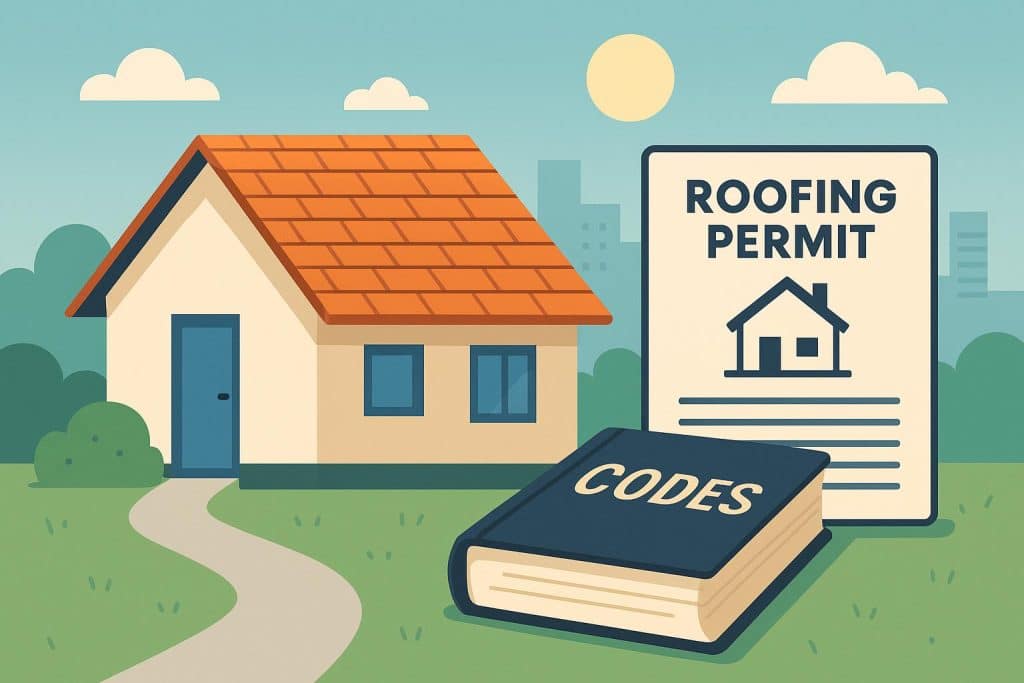 Residential house roof with construction permits and building code documents in front