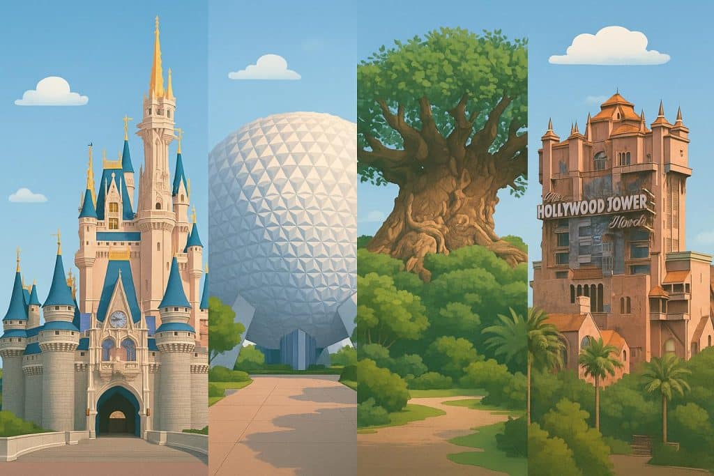 Sharon Vernick: A Clear Overview of Disney World’s Four Theme Parks Aerial view of Disney World's Cinderella Castle with surrounding attractions and theme park areas