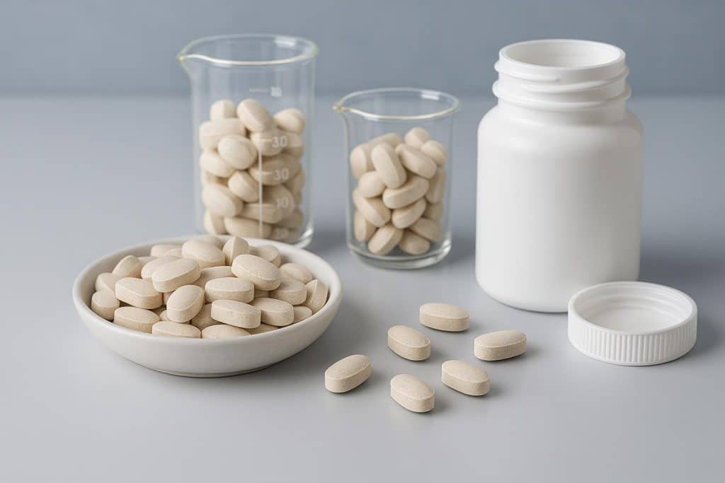 Assorted custom tablet supplements on a production line at a professional manufacturing facility