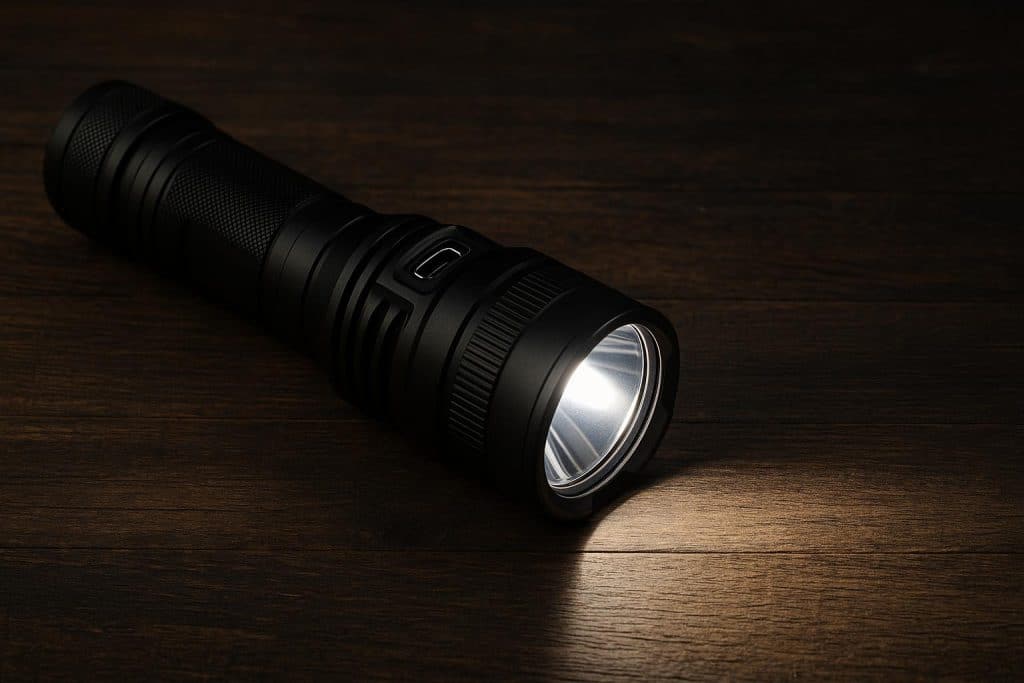 LED rechargeable flashlight on a wooden table, highlighting essential everyday tool benefits