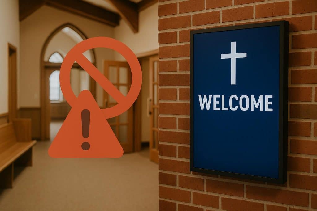 Modern digital church sign outside a church hall displaying customizable service times