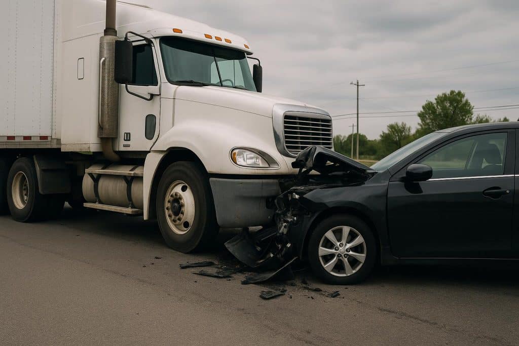 Jackknifed semi-truck blocking highway after collision, illustrating truck accident liability