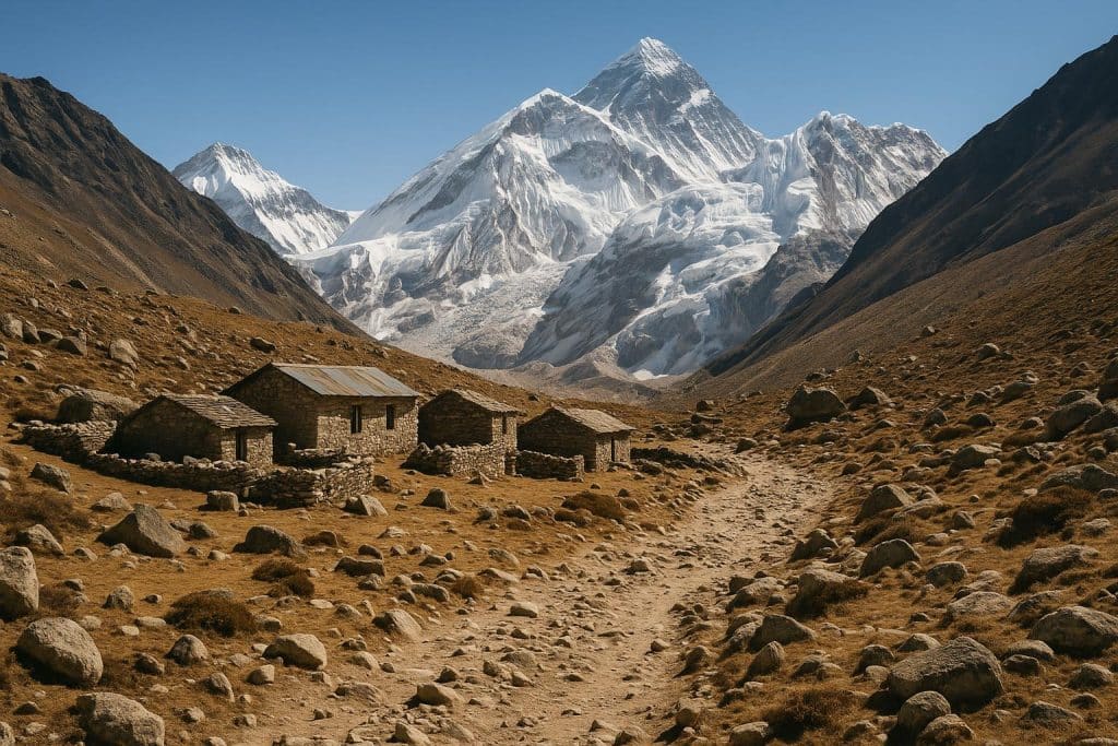 Rustic trekking trail and basic lodges along rugged path to Everest Base Camp in Himalayas