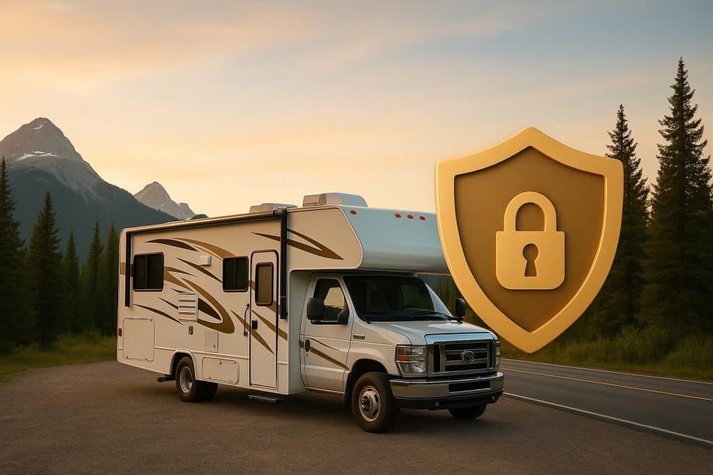 Modern RV parked at scenic campsite, highlighting security and protection with extended warranty