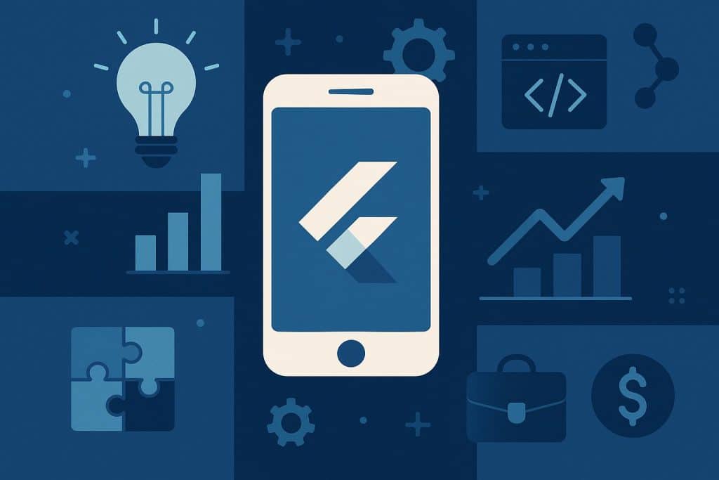 Modern business workspace with smartphone showcasing Flutter app interface and development tools