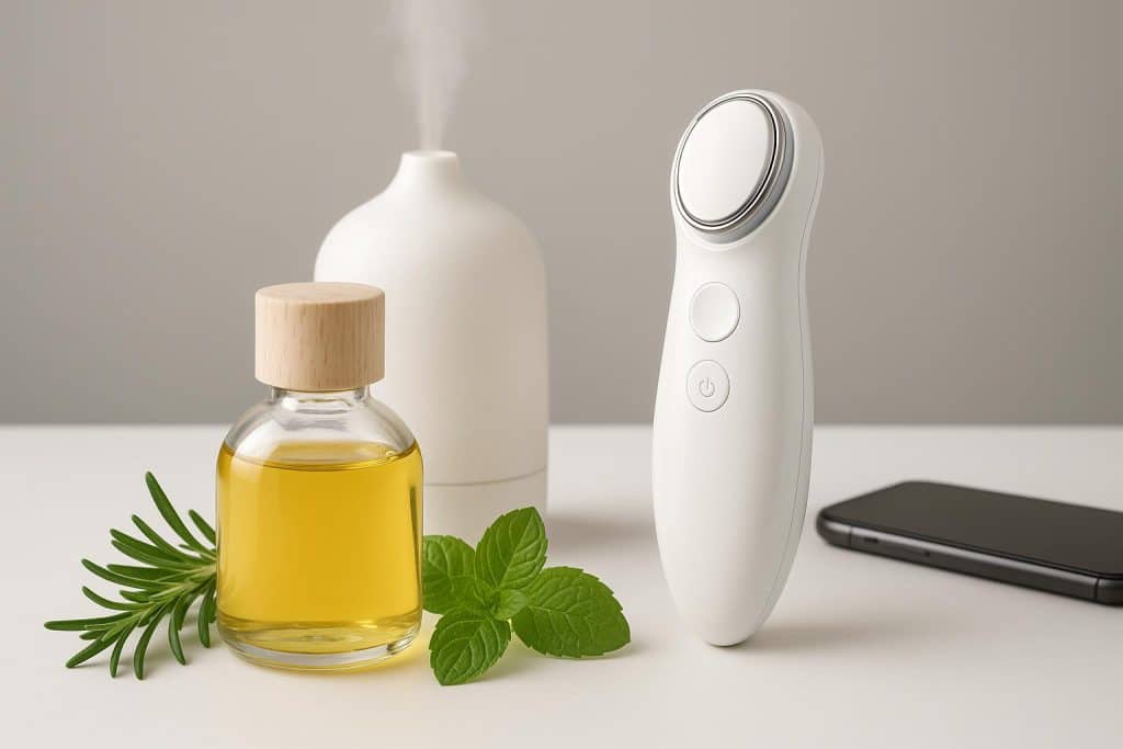 Essential oils blending with high-tech beauty devices for holistic skincare innovation
