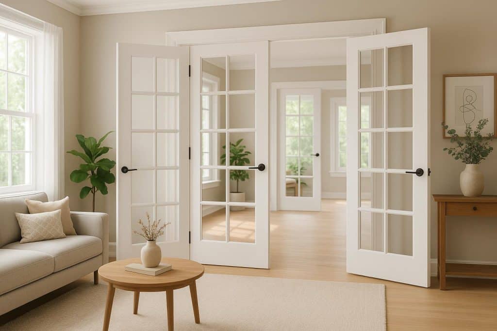 Elegant interior French doors enhancing a modern living room with natural light and stylish decor