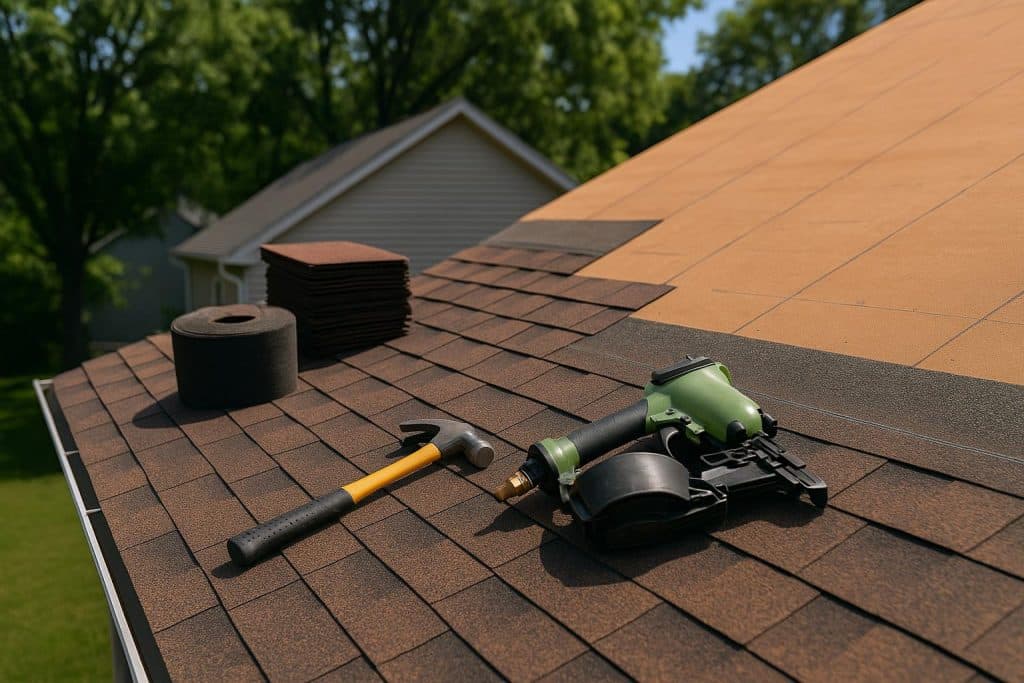 Skilled roofer installing new shingles on house roof for professional roofing services benefits