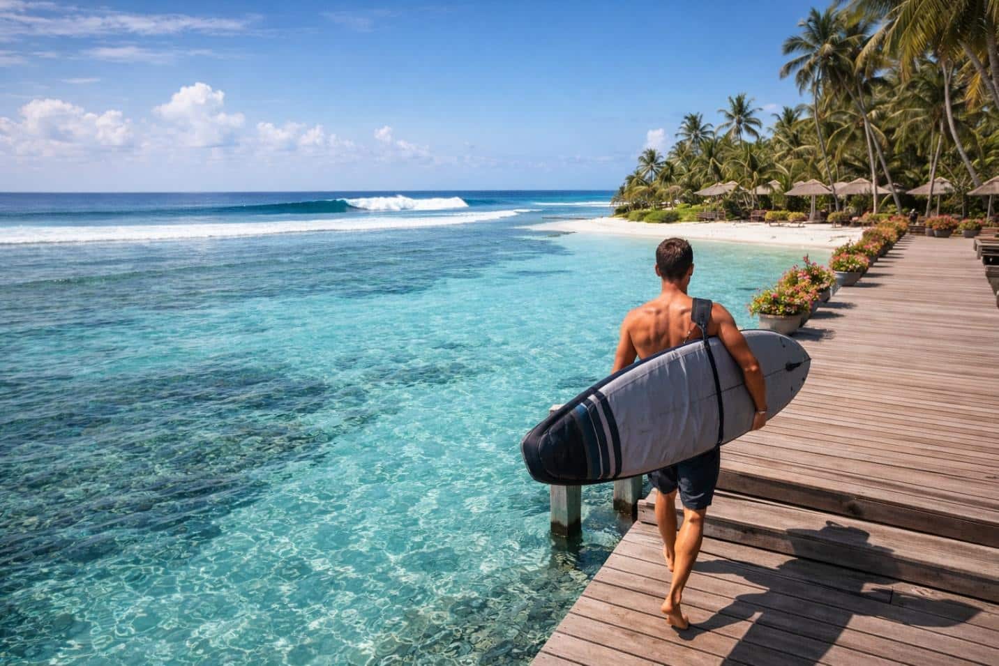 A surfer stepping off a resort jetty with a board bag, lagoon in the foreground, surf line visible on the horizon.