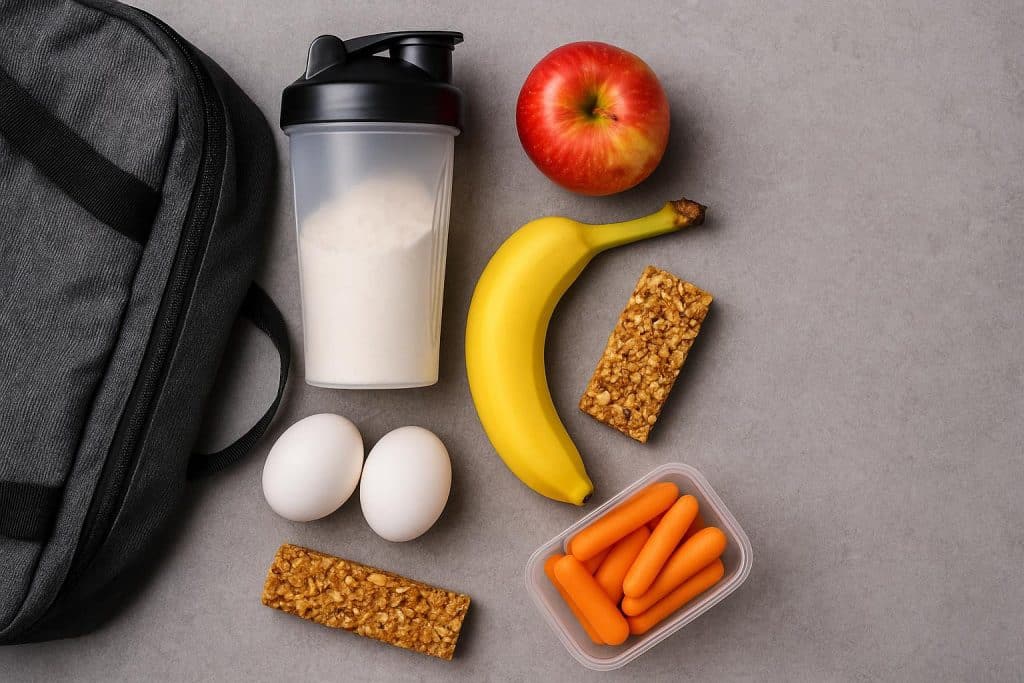 5 Simple Post-Workout Snacks to Have in Your Fitness Kit Assorted healthy snacks including protein bars, nuts, and fruit packed for post-workout energy