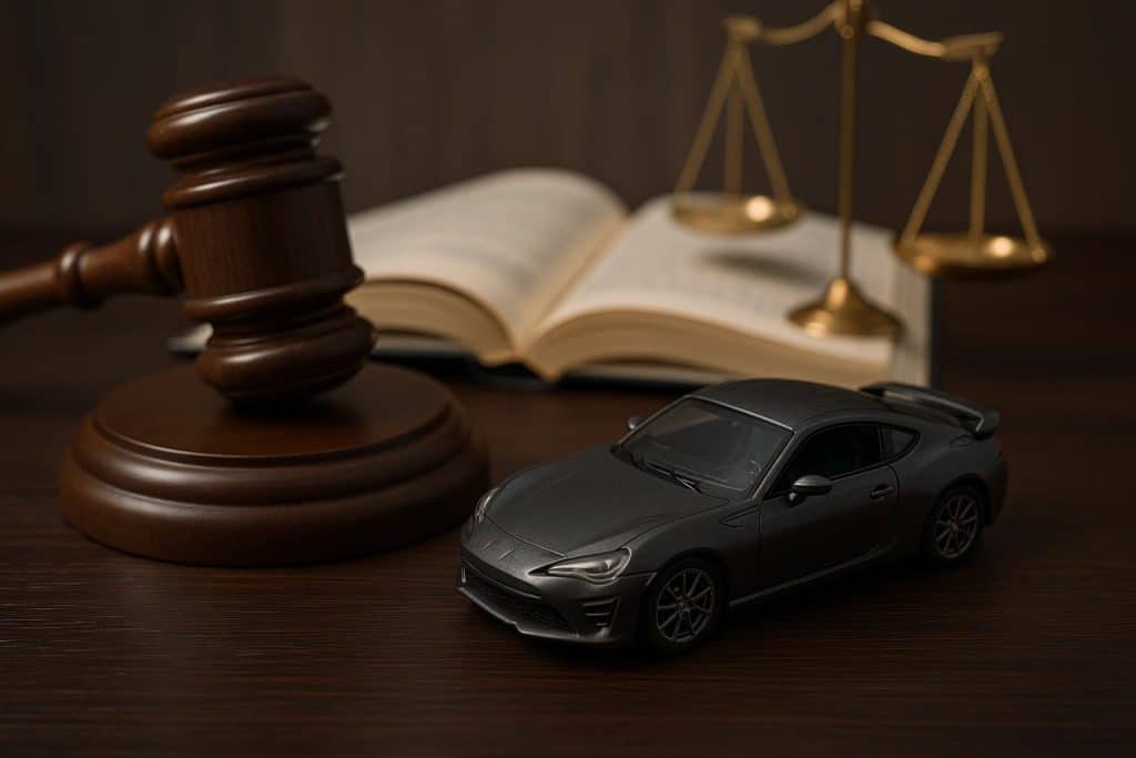 Legal defense tactics, courtroom documents, and speeding car representing exhibition of speed charges