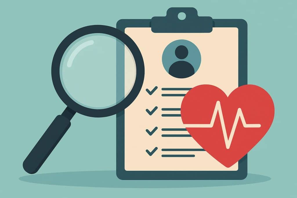 Cardiologist reviewing heart health test results with medical equipment and heart diagrams