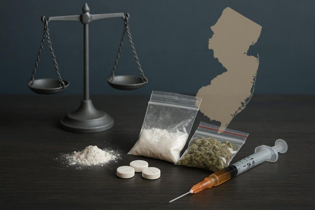 Courtroom gavel and law books representing emerging drug crime defense in New Jersey