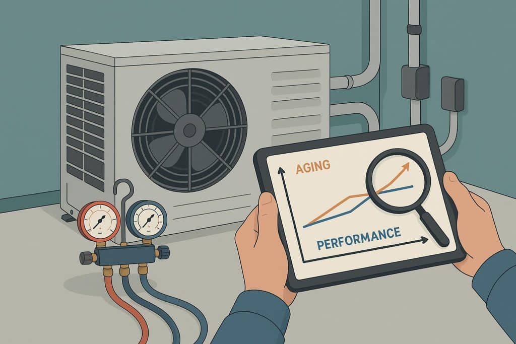 HVAC technician inspecting aging air conditioning unit for performance assessment and maintenance