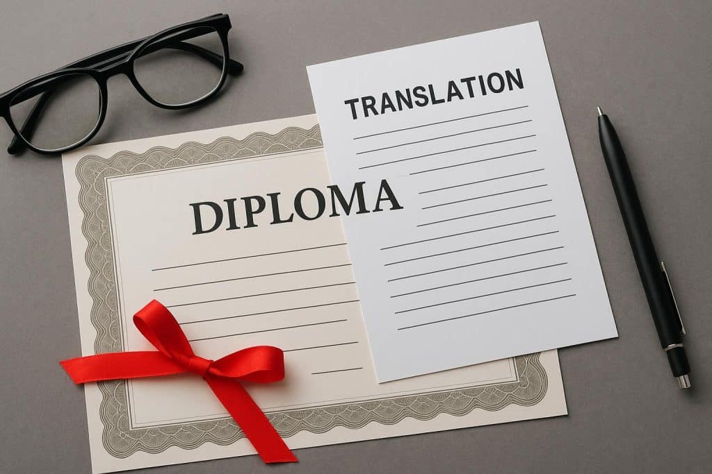 Official diploma certificate with translated text and professional document translation services concept