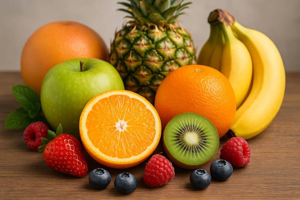 Assorted fresh fruits including oranges, berries, and kiwis promoting natural immune support