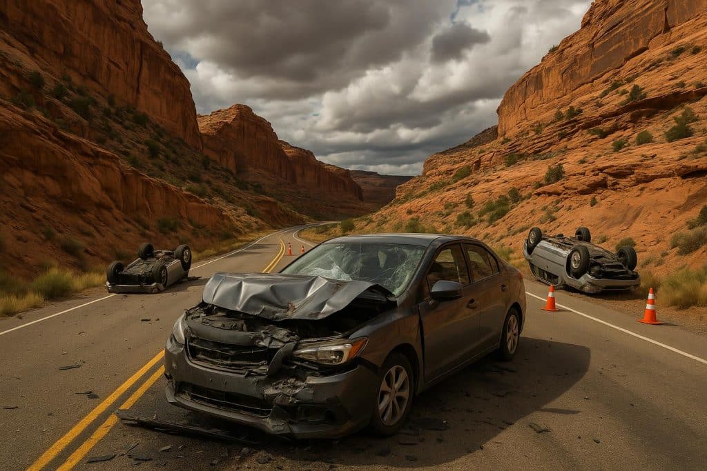 Overturned car blocks canyon road amid emergency response in Utah's Beehive State after crash