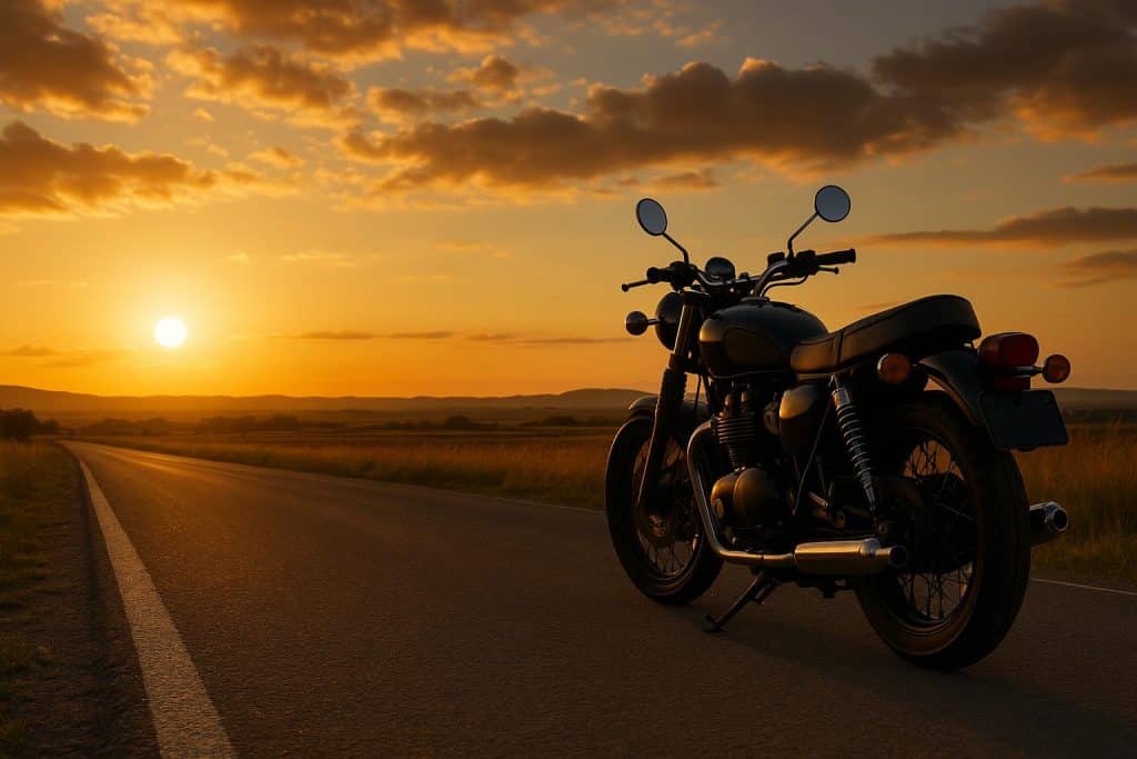 Motorcycle parked on open road symbolizing freedom and adventure