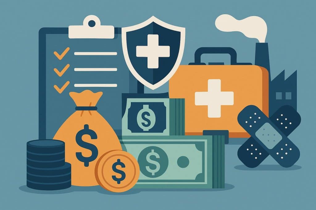 Workers' compensation documents and medical equipment symbolizing post-accident financial security