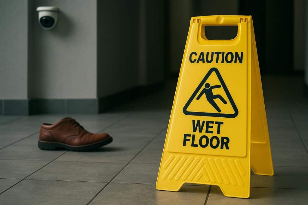 Surveillance camera footage capturing a slip and fall incident in a public building hallway