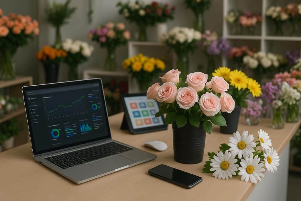 The Technology Behind the Modern Flower Shop: Automated floral arrangement system with digital inventory in a modern flower shop workspace