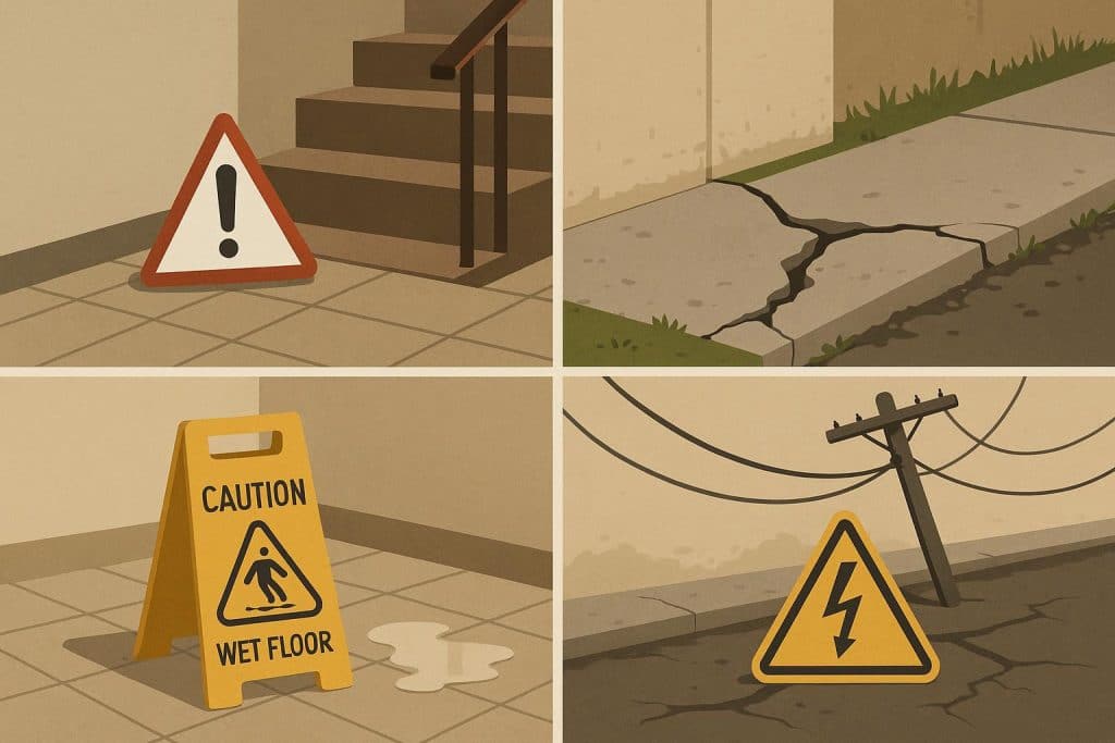 Wet floor caution sign in a store aisle highlighting premises liability risk factors