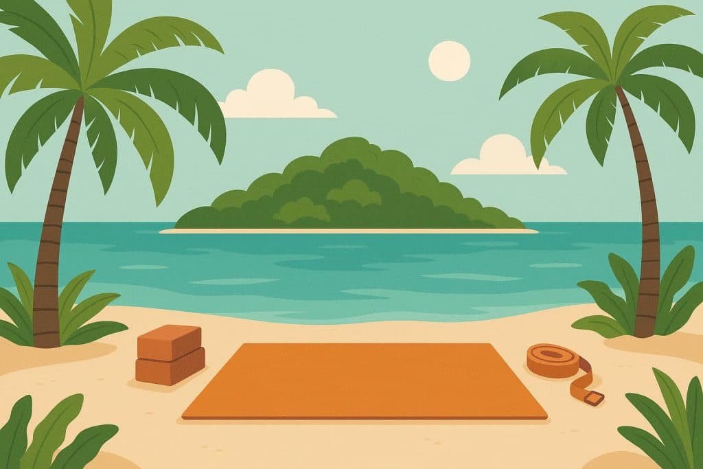 Serene island yoga retreat setup with mats on the beach surrounded by tropical palm trees