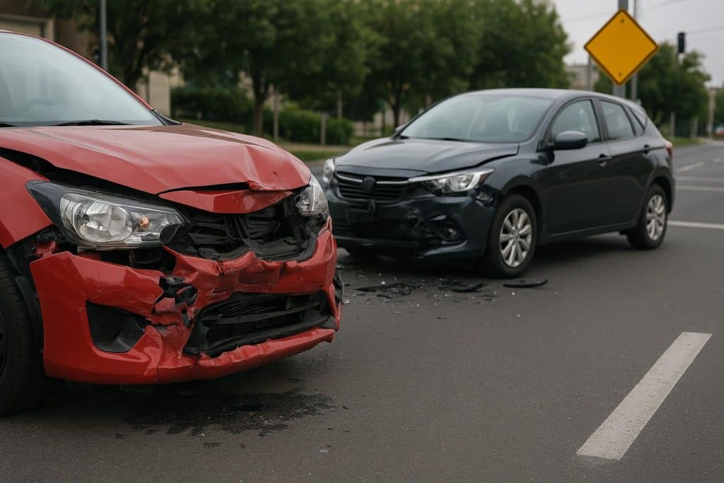 Car accident scene with damaged vehicles highlighting partial fault in insurance claims