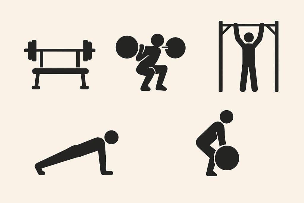 Set of basic workout equipment on a clean gym floor representing minimalist fitness routine