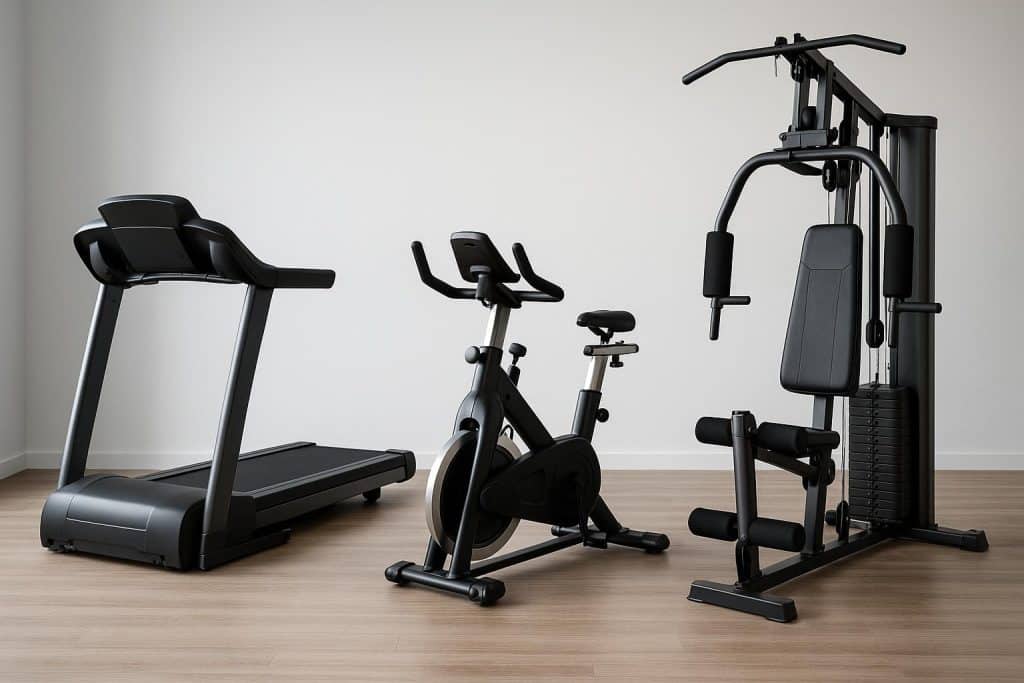 Row of treadmills and elliptical machines in a gym for choosing home fitness equipment