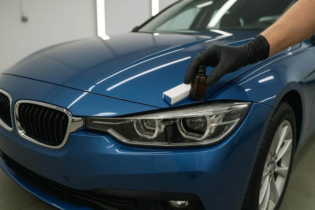 Shiny car with water beading on paint, illustrating ceramic coating durability on vehicles
