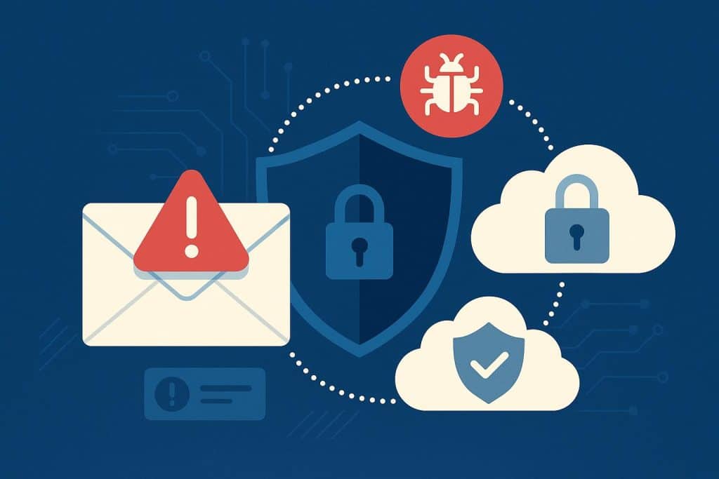 Cloud servers and email icons highlighting cybersecurity threats and overlooked vulnerabilities