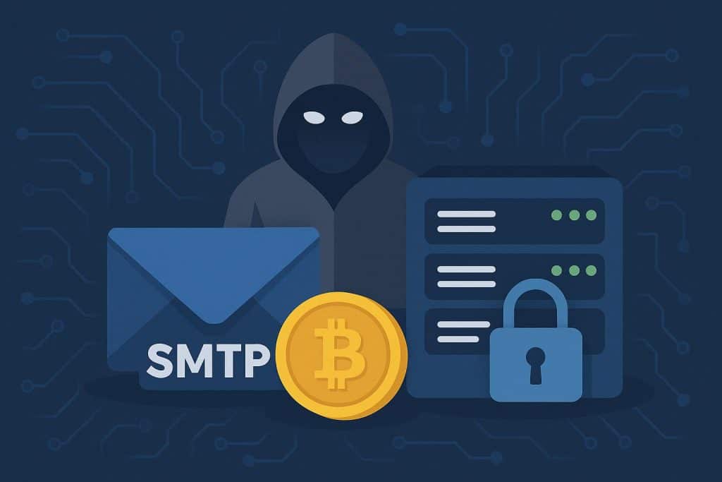 Illustration of secure bulletproof web hosting and encrypted SMTP services purchased with cryptocurrency
