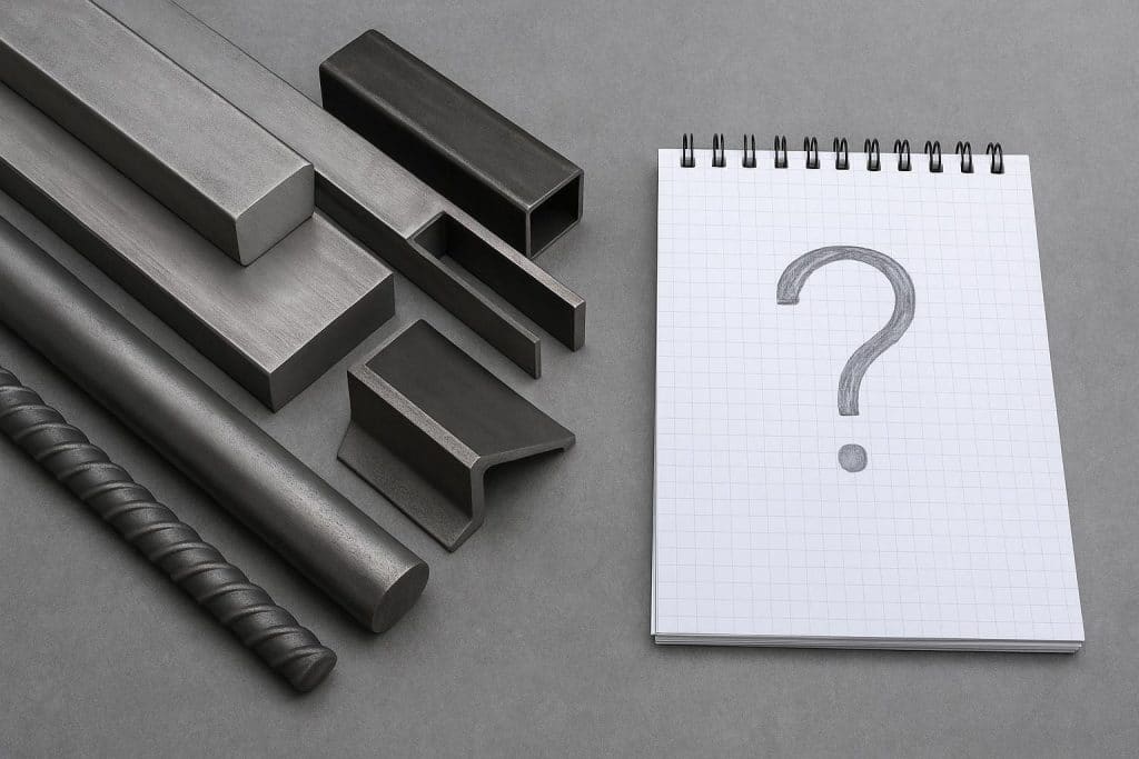 Steel grade samples and metal sheets displayed for construction material selection and comparison