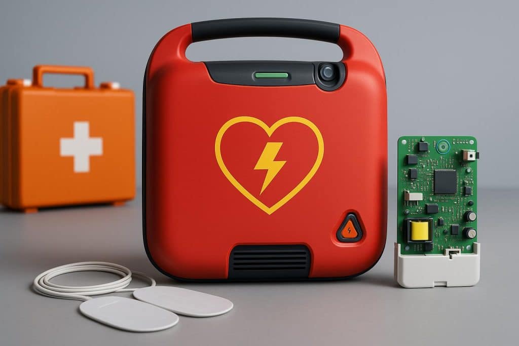 Automatic defibrillator device and OEM module highlighting Kuteras Teknoloji cardiac safety innovation