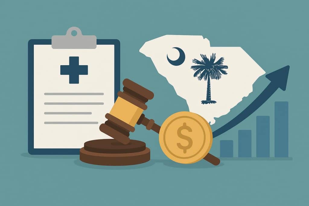 South Carolina workers' comp claim paperwork, legal documents, and insurance forms on a desk