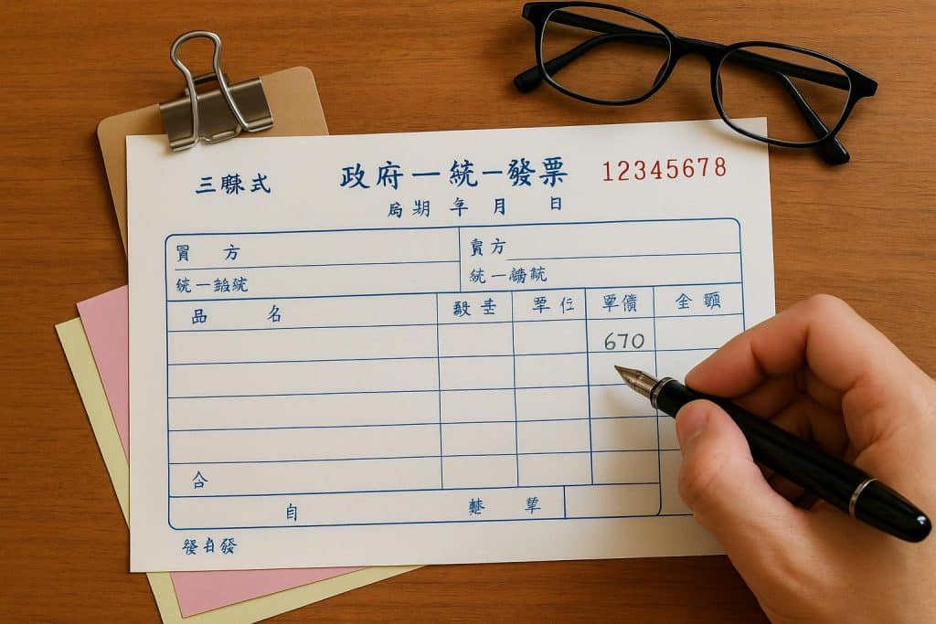 Handwriting details on a Taiwanese triplicate government uniform invoice step by step