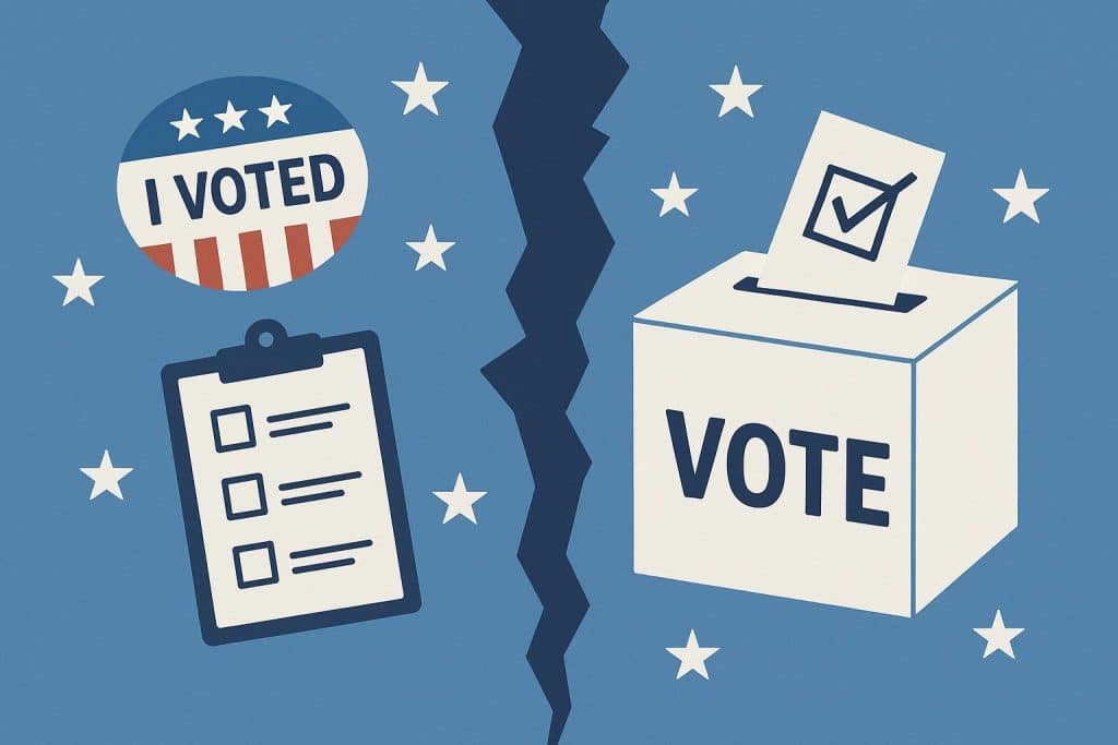 Voters examining ballots at polling station highlighting impact of information gaps on elections