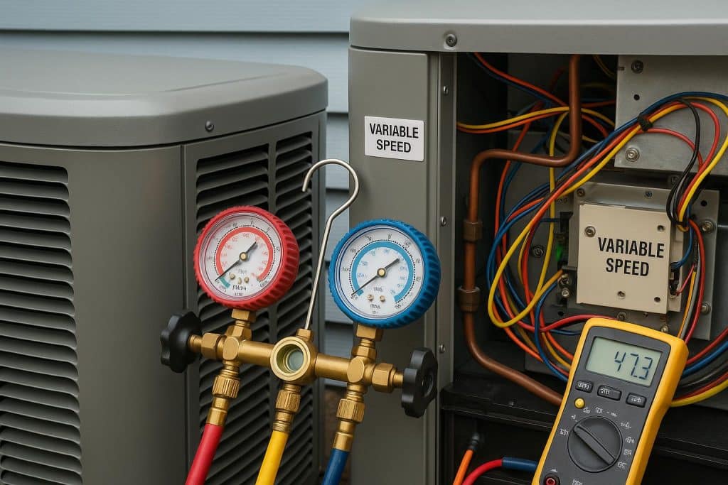 Technician adjusting variable speed HVAC system controls for optimal performance tuning