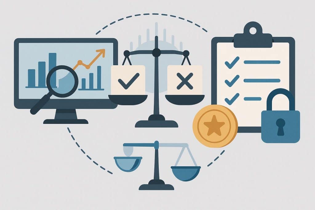 Data visualization showing algorithm analysis and fairness metrics in digital reward system audits