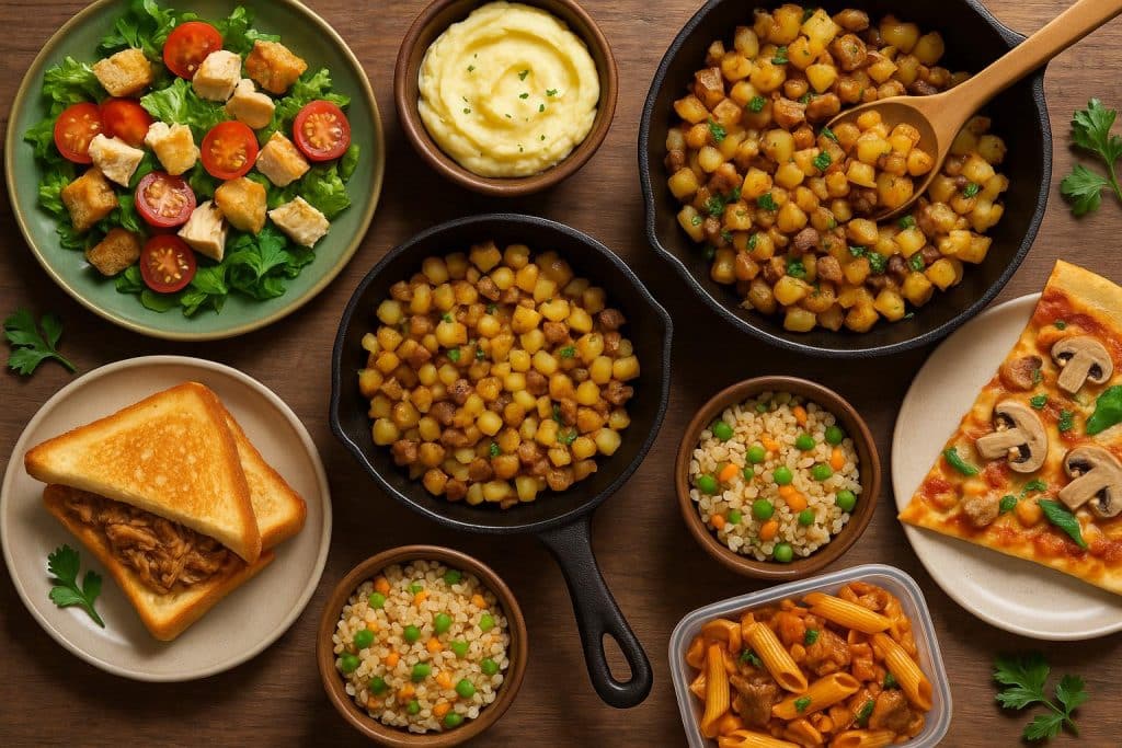 Assorted leftover meals creatively repurposed into new dishes on a kitchen countertop