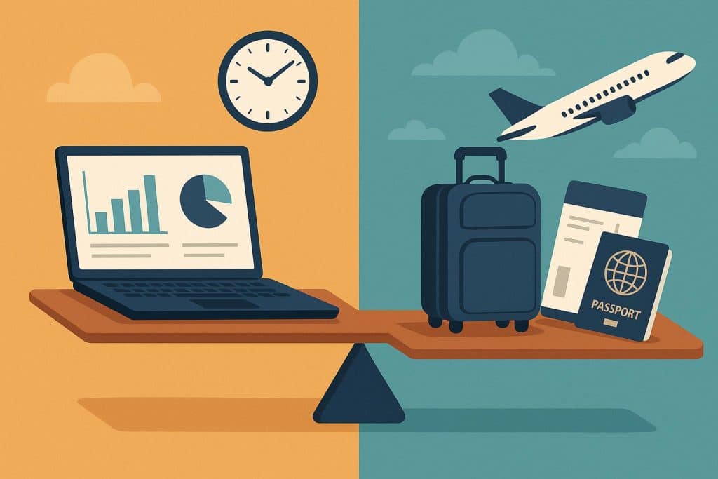 Remote worker using laptop in scenic outdoor location, highlighting work and travel balance