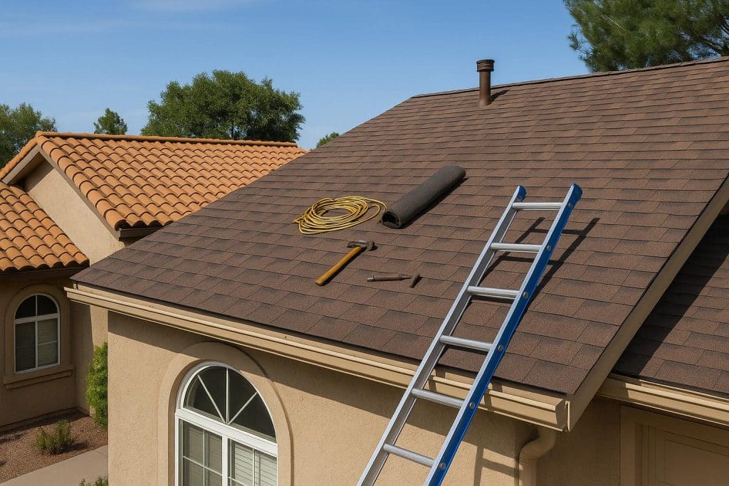 Newly repaired residential roof on a modern Escondido home increasing property value