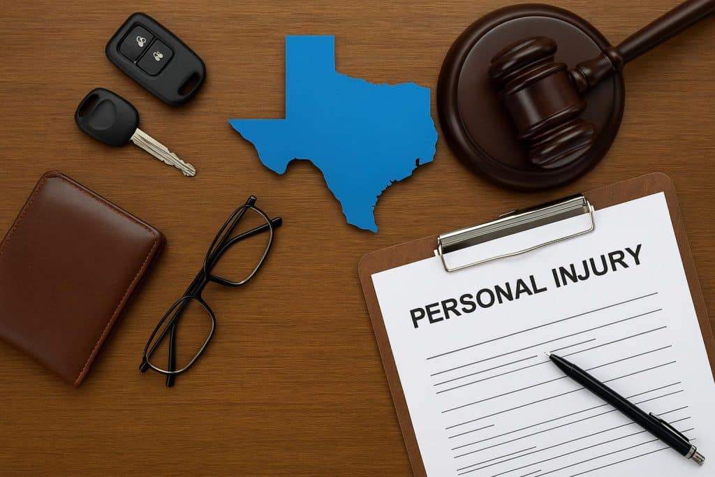 Personal injury law concept with Texas courthouse, legal scales, and accident icons in background