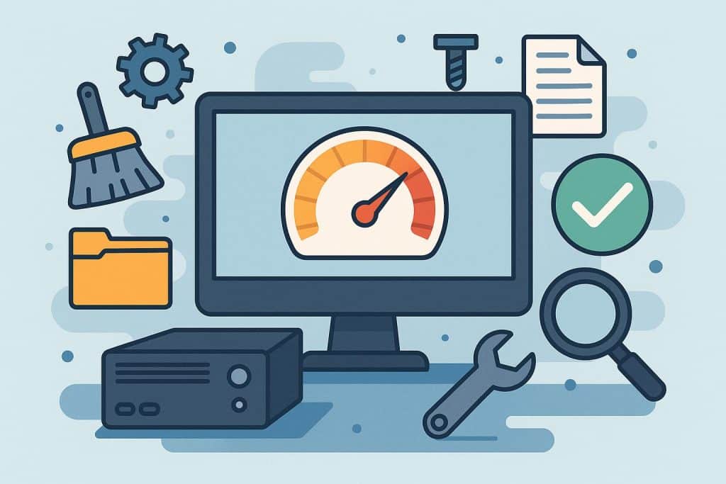 Clean desktop with organized folders and a fast-running PC highlighting system optimization steps