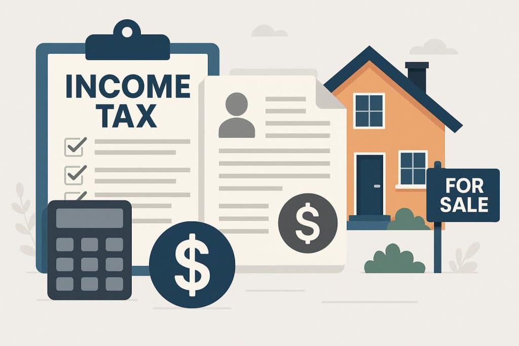 Tax documents and calculator illustrating salary income and property sale for ITR filing guide