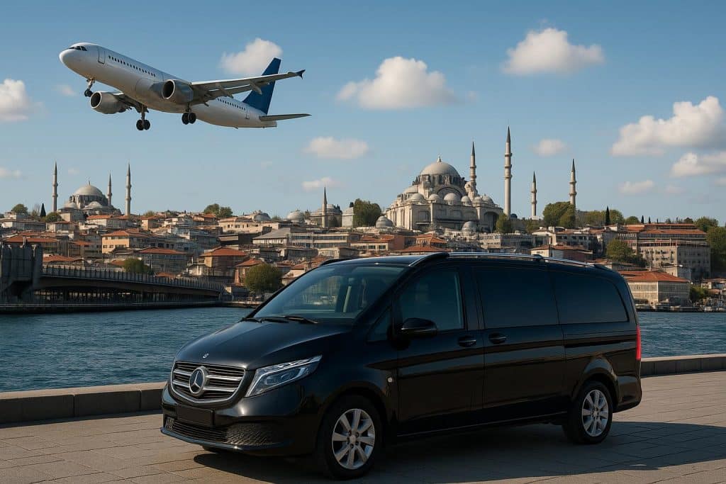 Private car transporting travelers from Istanbul airport with city skyline in the background