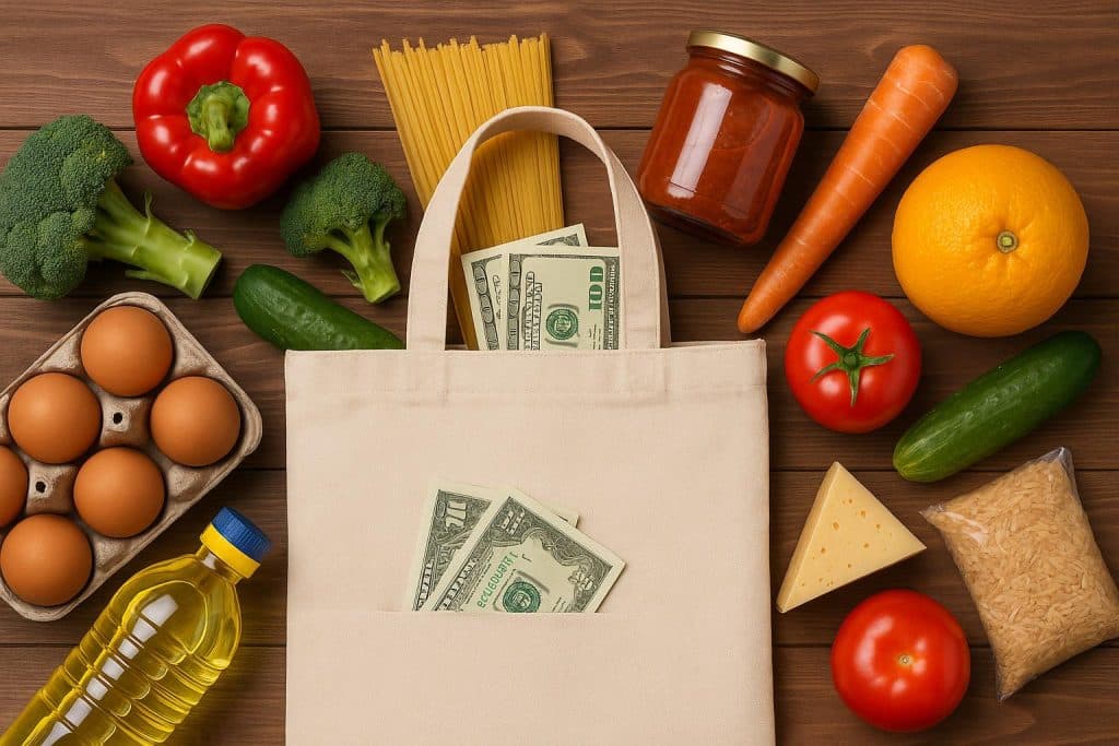 Grocery cart filled with fresh produce and staples representing smart and budget-friendly shopping