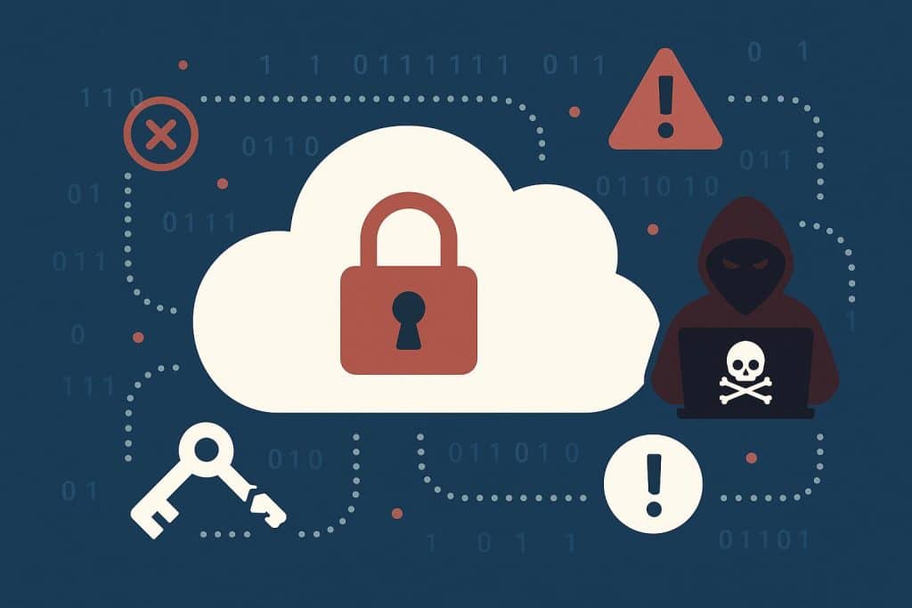 Cloud account security breach illustration with warning symbol and exposed data files